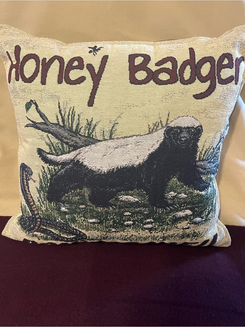 Simply Home Throw Pillow. w/Honey Badger & Cobra. 18” x 18” whimsical for inside